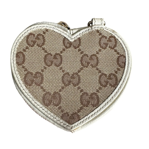 GUCCI Tan GG Monogram Canvas & White Brown Leather Heart Coin Pouch Case - Picture 3 of 12